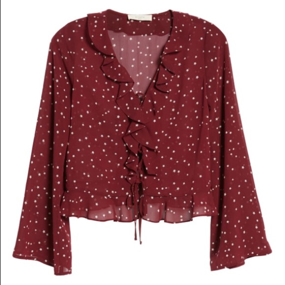 ELODIE red star print ruffle lace-up top SZ S